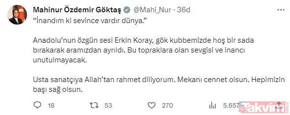 Aile Ve Sosyal Hizmetler Bakanı Mahinur Özdemir Göktaş: "İnandım Ki Sevince Vardır Dünya." Anadolu'nun Özgün Sesi Erkin Koray, Gök Kubbemizde Hoş Bir Sada...