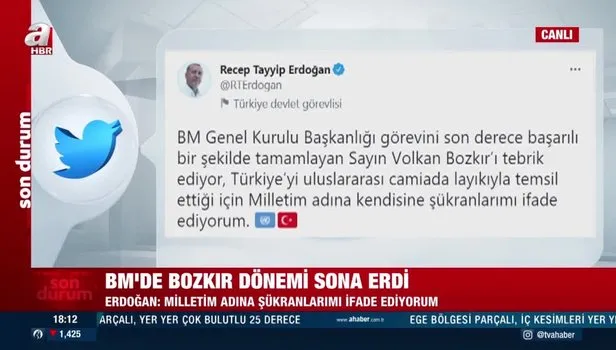 Başkan Recep Tayyip Erdoğan’dan Volkan Bozkır’a tebrik