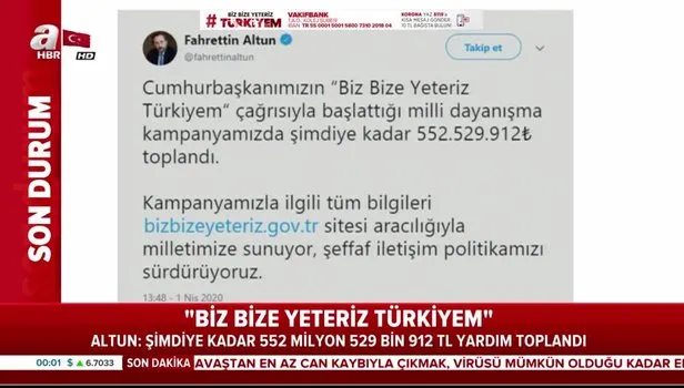 'Biz Bize Yeteriz Türkiyem' kampanyası için toplanan bağış miktarı belli oldu