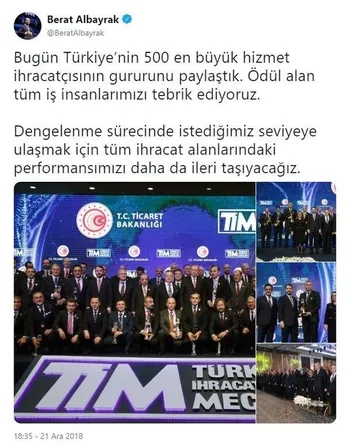 Bakan Berat Albayrak'tan ödül alan 500 hizmet ihracatçısına tebrik-1