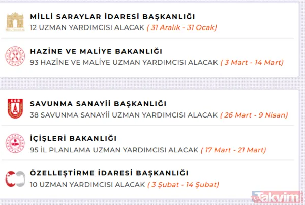 Savunma Sanayi Başkanlığı 38 Savunma Sanayi Uzman Yardımcısı Alımı: 26 Mart - 9 Nisan İçişleri Bakanlığı 95 İl Planlama Uzman Yardımcısı Alımı: 17 Mart - 21...
