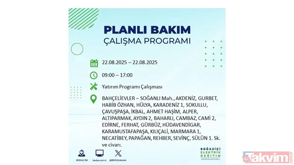 İstanbul'da 19 ilçede elektrik kesintisi! BEDAŞ İLÇE İLÇE listeledi: 22 Ağustos Cuma günü 8 saat yok - 30