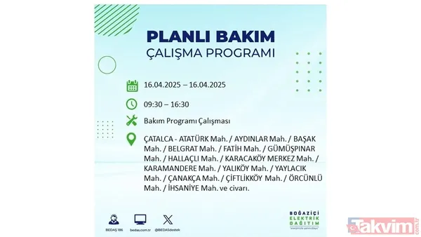 16 Nisan 2025 Bedaş İstanbul Elektrik Kesintisi