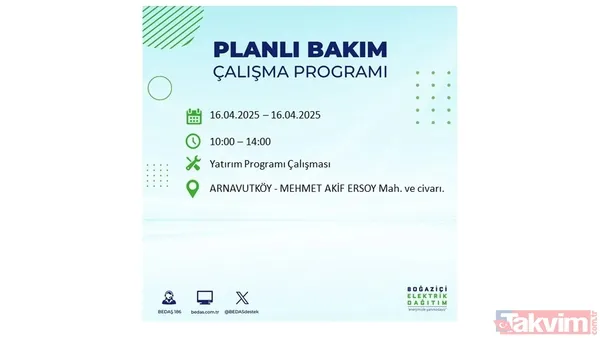 16 Nisan 2025 Bedaş İstanbul Elektrik Kesintisi