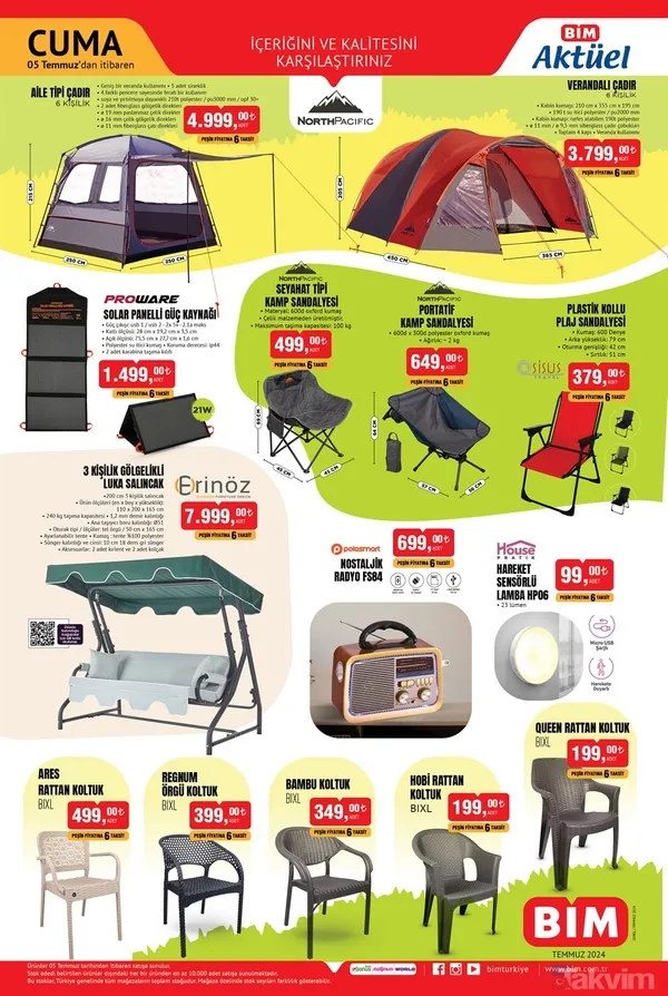 🔸Northpasifc Otomatik Çadır: 4,999 Tl 🔸Proware Solar Panelli Güç Kaynağı: 1,499 Tl 🔸Erinöz 3 Kişilik Gölgelikli Luka Salıncak: 7,999 Tl 🔸Portatif Kamp...