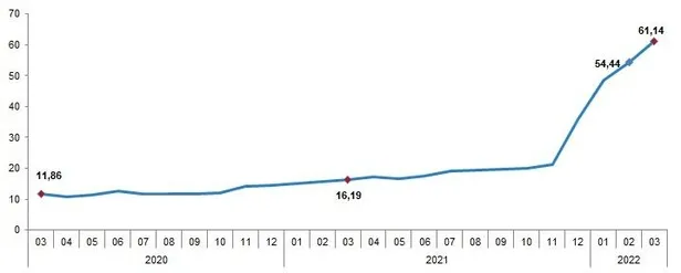 Son dakika: Tüketici Fiyat Endeksi martta yüzde 5,46 artarken yıllık bazda yüzde 61,14 oldu-3