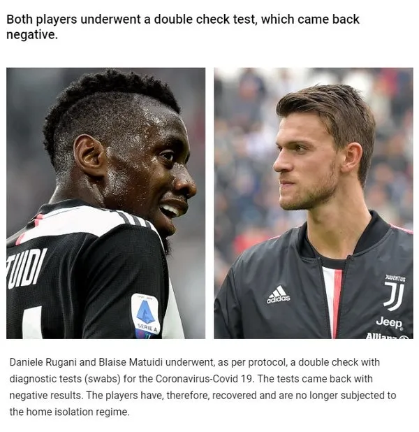 Juventus'ta Matuidi ve Rugani corona virüsü yendi! Son test sonuçları negatif çıktı-1