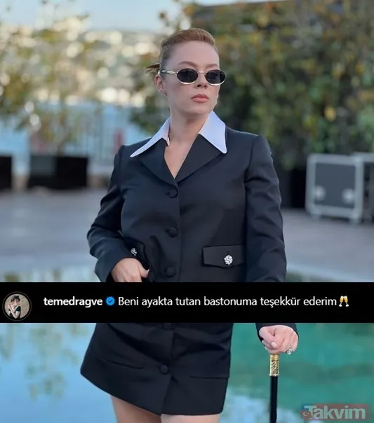 Demet Evgar daha sonra sosyal medya hesabından da bastonuyla fotoğrafını paylaşarak "Beni ayakta tutan bastonuma teşekkür ederim" notunu düştü.