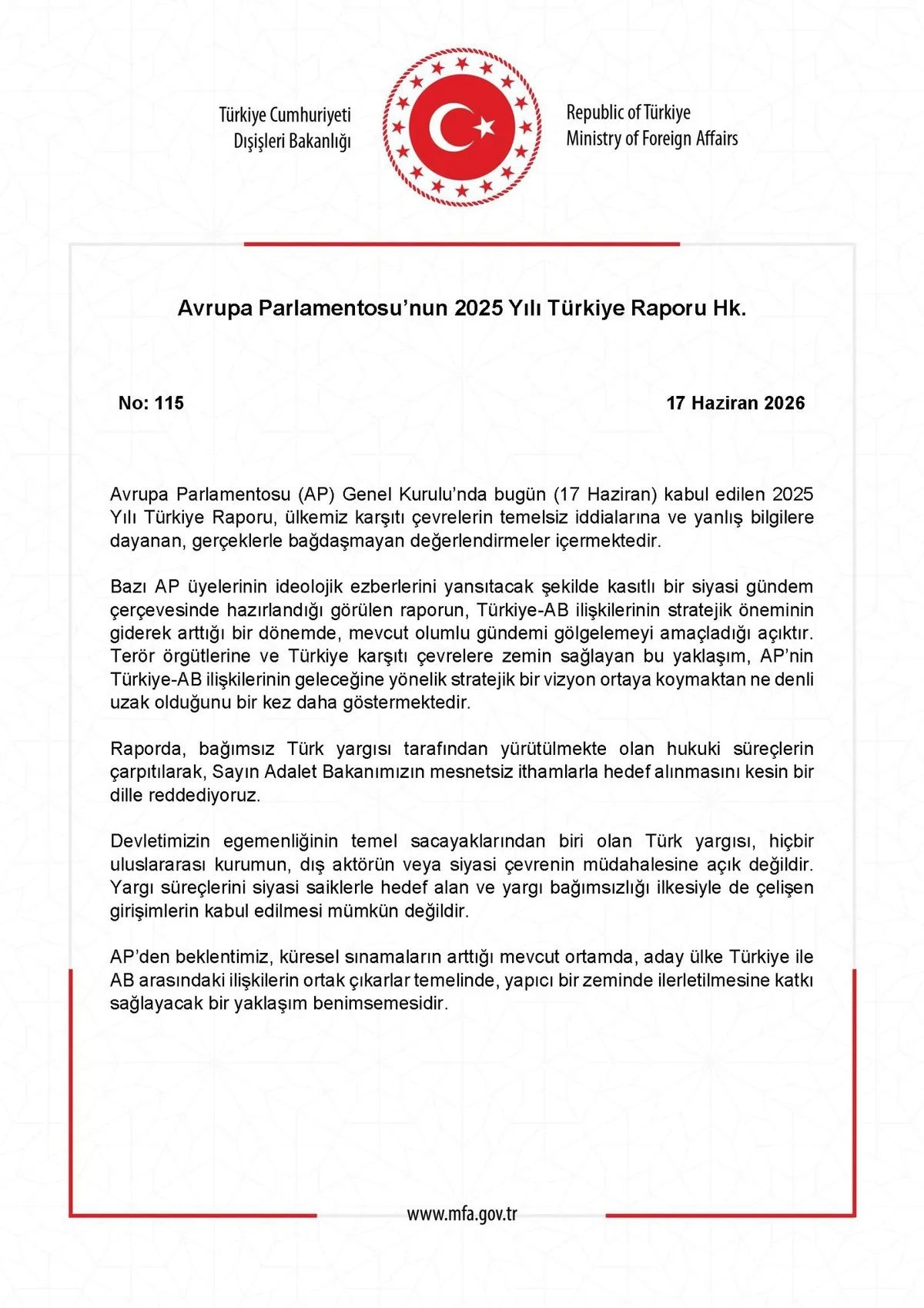 Dışişleri’nden AP raporuna sert tepki: Mesnetsiz ithamları reddediyoruz-2