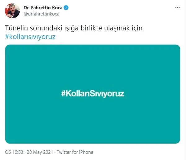 saglik-bakani-fahrettin-kocadan-dikkat-ceken-paylasim-tunelin-sonundaki-isiga-birlikte-ulasmak-icin-kollari-siviyoruz-1622232666169.jpg Sağlık Bakanı Fahrettin Koca'dan dikkat çeken paylaşım: Tünelin sonundaki ışığa birlikte ulaşmak için kolları sıvıyoruz-2