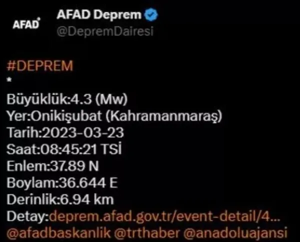 Son dakika: Kahramanmaraş'ın Onikişubat ilçesinde 4,3 büyüklüğünde deprem | Son depremler-1