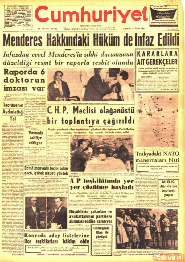 17 Eylül 1961... Darağacında celladı sarhoş Türk demokrasisi! Adnan Menderes'in son sözleri... Dönemin utanç manşetleri - 17