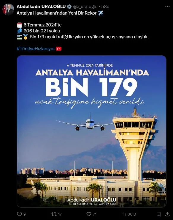 Ulaştırma ve Altyapı Bakanı Abdulkadir Uraloğlu açıkladı: Antalya Havalimanı'nda dün uçak trafiği rekoru kırıldı-3