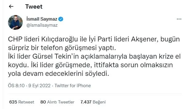 1662755885876.jpeg CHP yandaşı mangır İsmail Saymaz tweet silmelere, düzeltmelere doyamıyor! 'Akşener ve Kılıçdaroğlu görüştü' dedi yalan çıkınca özür diledi-3