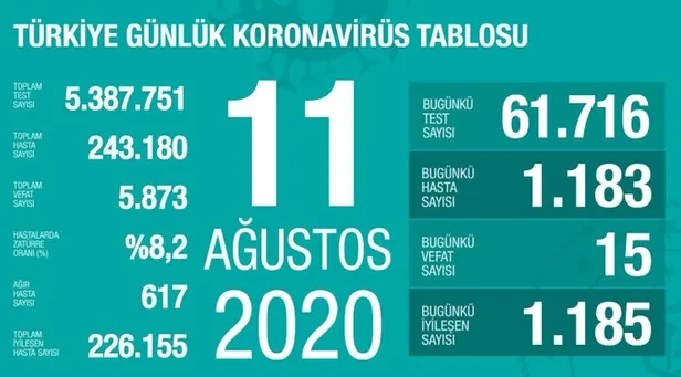 11 Ağustos korona vaka tablosu! Koronavirüs vaka sayısı kaç oldu? Sağlık Bakanlığı son durum tablosu-1