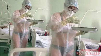 Rusya’dan akılalmaz görüntü! Koronavirüs salgın hastanesinde hastaları bikiniyle tedavi etti