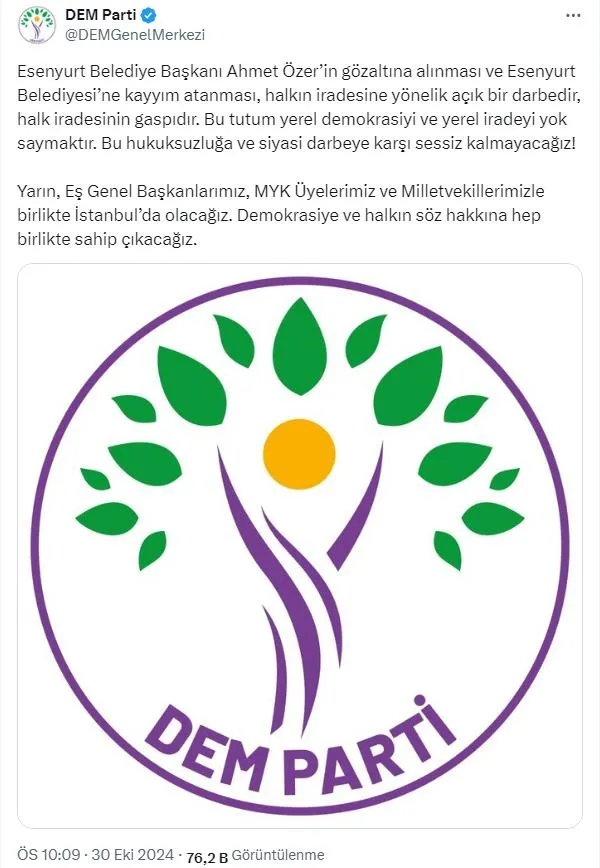 DEM Parti'den yapılan açıklama (Takvim.com.tr / Ekran görüntüsü)