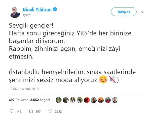 Binali Yıldırım, sınava girecek öğrencilere başarılar diledi-1