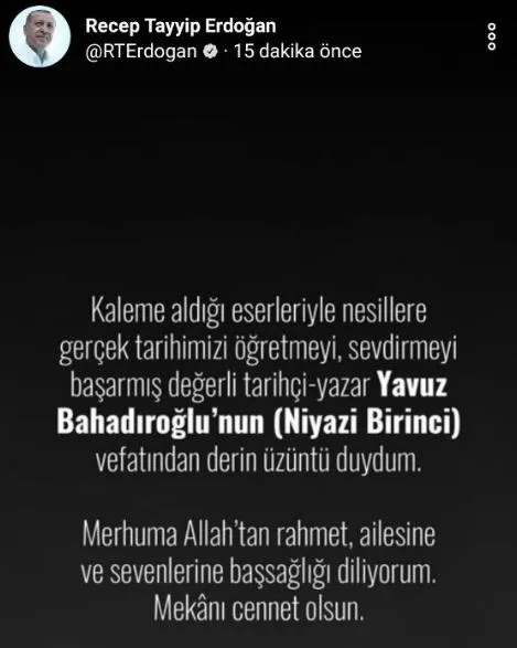 Başkan Erdoğan'dan Yavuz Bahadıroğlu için başsaşlığı mesajı-1