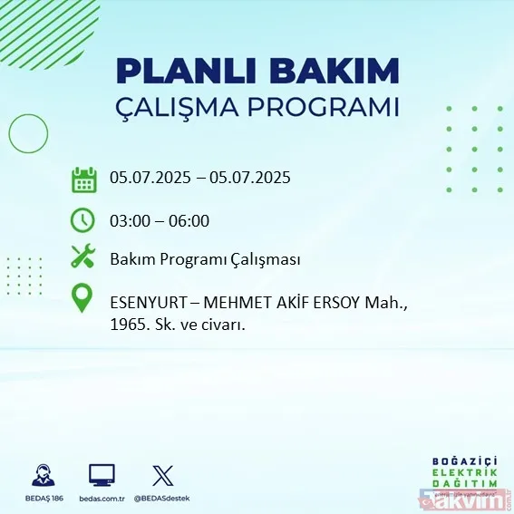 ↪5 Temmuz Cumartesi İstanbul Elektrik Kesintisi