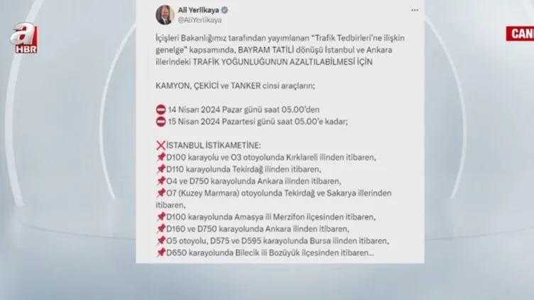 İçişlerinden bayram dönüşü için tedbir! Kamyon, çekici, tankerlerin belirlenen istikameti kullanması yasak