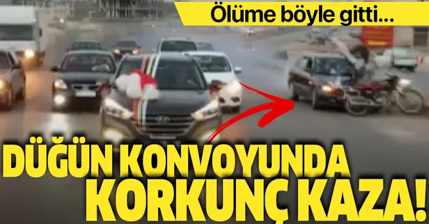 Düğün konvoyunda dehşete düşüren kaza! Makas atan sürücü ters yönde giden motosiklete çarparak...