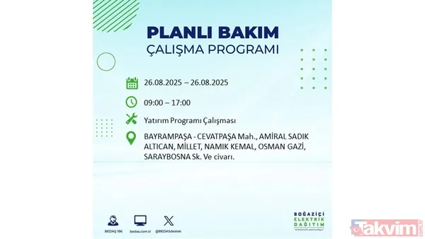 İstanbul'da elektrik kesintisi || 26 Ağustos Salı İstanbul'da elektrikler ne zaman gelecek? BEDAŞ ilçe ilçe saat verdi - 8