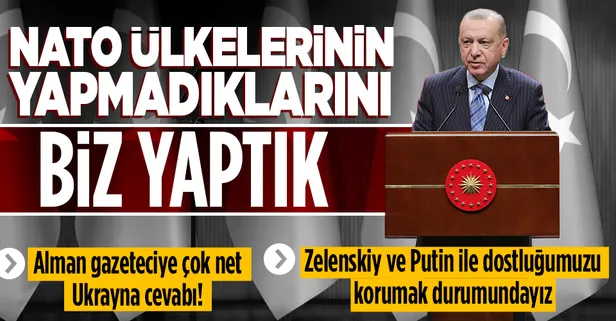 Başkan Erdoğan'dan Alman gazeteciye net cevap: "NATO ülkelerinin yapmadıklarını biz Rusya'ya rağmen Ukrayna'ya yaptık"