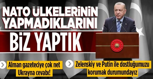 Başkan Erdoğan’dan Alman gazeteciye net cevap: NATO ülkelerinin yapmadıklarını biz Rusya’ya rağmen Ukrayna’ya yaptık