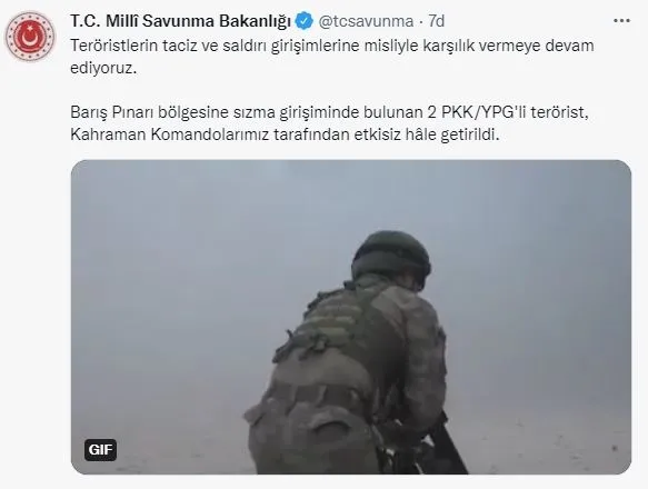 Son dakika: MSB duyurdu: Barış Pınarı bölgesine sızmaya çalışan 2 PKK'lı terörist etkisiz hale getirildi-1