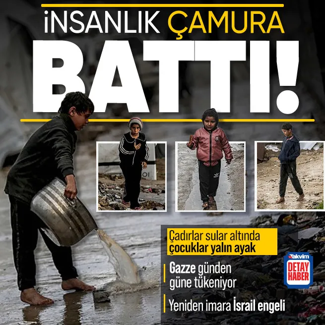 Gazzede çadırlar sular altında kaldı! Yürek yakan manzara: Çamur içinde yalın ayak çocuklar