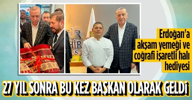 Balıkesir’de toplu açılış töreni sonrası Başkan Erdoğan’a bölgesel yemeklerden akşam yemeği! Coğrafi işaretli Sındırgı’nın yağcıbedir halısı hediye edildi
