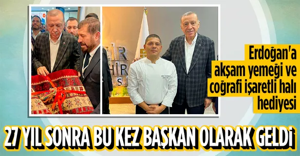 Balıkesir'de toplu açılış töreni sonrası Başkan Erdoğan’a bölgesel yemeklerden akşam yemeği! Coğrafi işaretli Sındırgı'nın yağcıbedir halısı hediye edildi