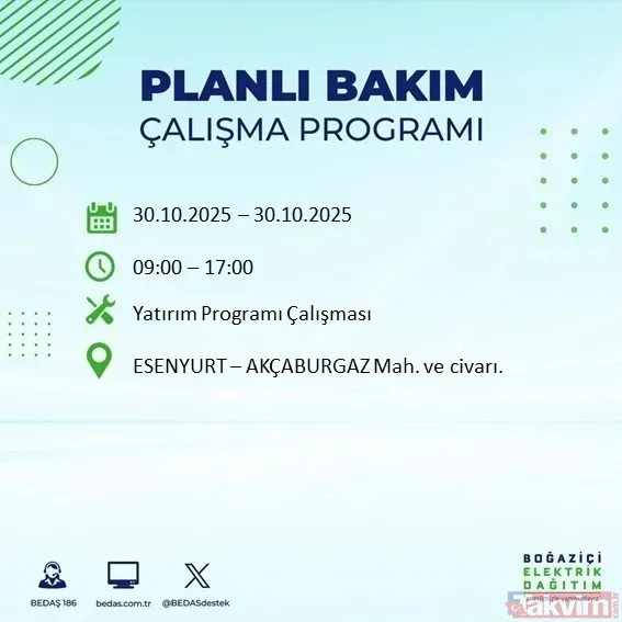 30 Ekim 2025 İstanbul'da elektrik kesintisi yaşanacak ilçeler