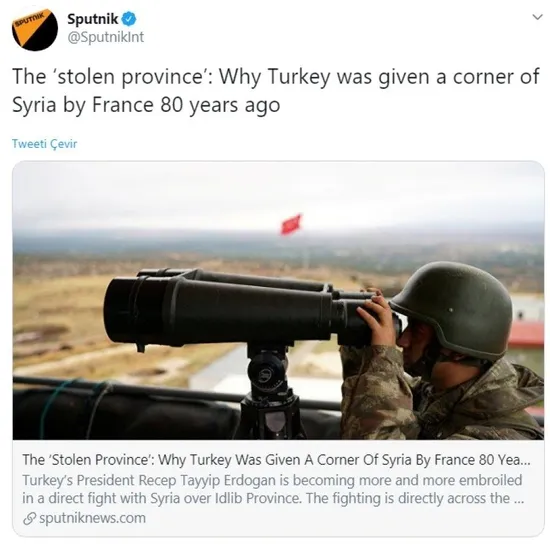 Rus ajansı Sputnik International Hatay için “çalıntı bölge” ifadesini kullandı!-1