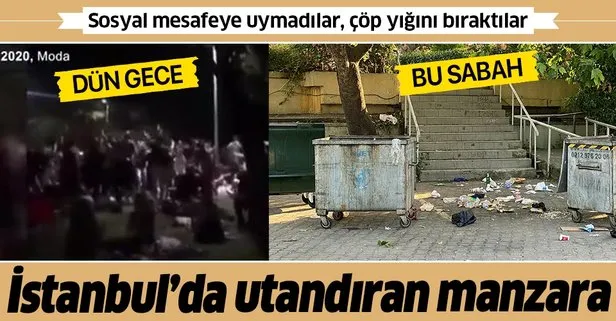 Caddebostan’da utandıran manzara! Sosyal mesafeye uymadılar, çöp yığını bıraktılar