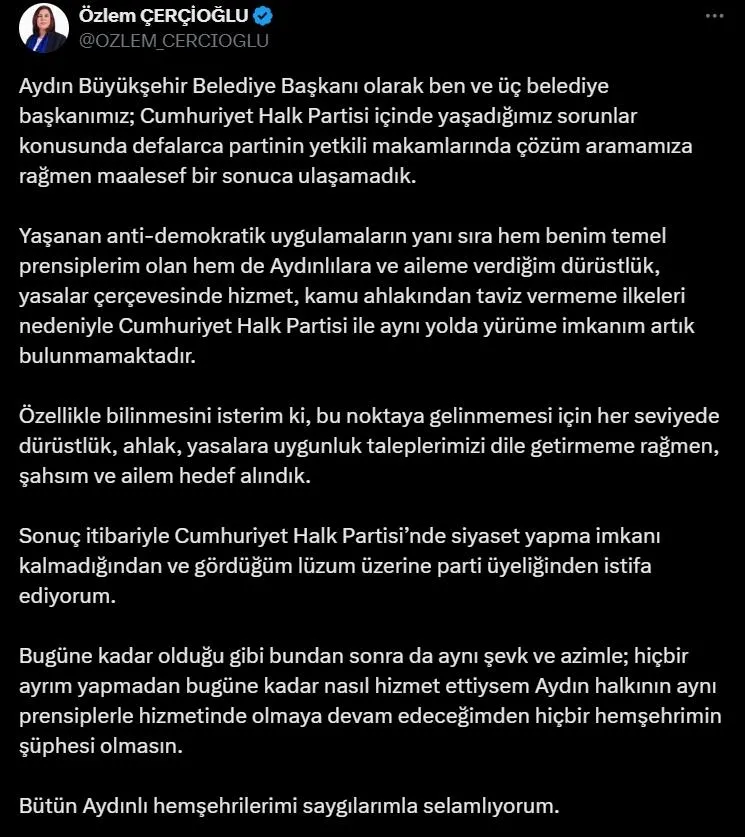 Çerçioğlu'nun paylaşımı (Ekran görüntüsü)