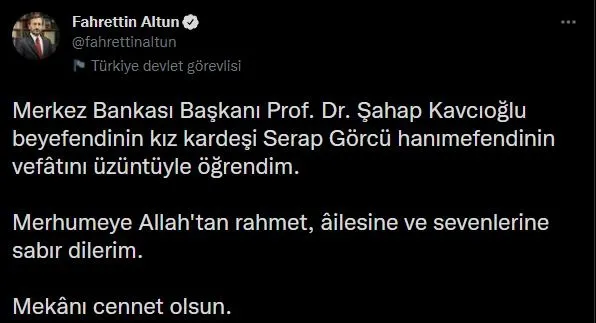 Merkez Bankası Başkanı Şahap Kavcıoğlu'nun acı günü: Kız kardeşi Serap Görcü vefat etti-1
