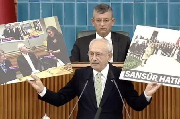 CHP Genel Başkanı Kemal Kılıçdaroğlu'ndan Meclis kürsüsünde skandal hareket! Dezenformasyon yasasına "evet" diyen vekillerin fotoğrafını...