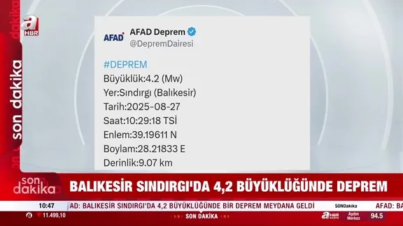 Sındırgı'da 4.2 büyüklüğünde deprem
