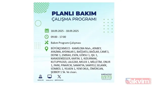 🔴18 Eylül Perşembe Günü Elektrik Kesintisi Yaşanacak İlçeler
