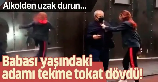 İstanbul Beyoğlu’nda şok görüntüler! Genç kadın babası yaşındaki adamı tekme tokat dövdü