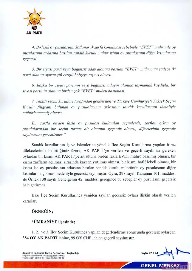 İÅte  AK Parti İstanbul seçimlenin iptali için YSK'ya verdiÄi 44 sayfalık olaÄanüstü itiraz dilekçesi