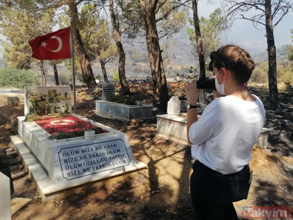 SON DAKİKA: Mersin Silifke'deki orman yangınında mezarlık zarar görürken şehidin kabri ve Türk bayrağı yanmadı - 6