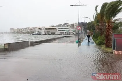 İzmir’de fırtına nedeniyle deniz taştı! Yollar su altında kaldı