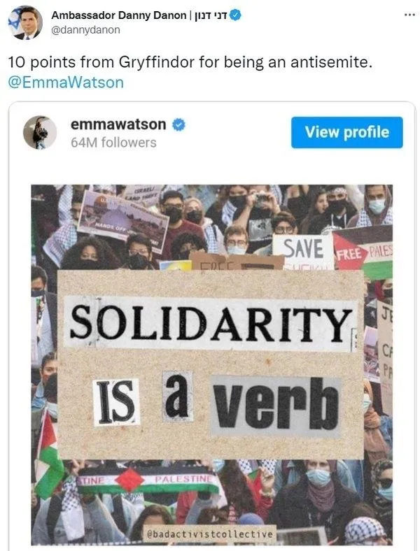 Ünlü oyuncu Emma Watson Filistin'e destek verdi! Katil İsrail'in yetkilisi nefret dilini açığa çıkardı-3