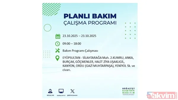 ↪23 Ekim 2025 İstanbul merkezli elektrik kesintisi yaşanacak ilçe, mahalle ve sokaklar↩