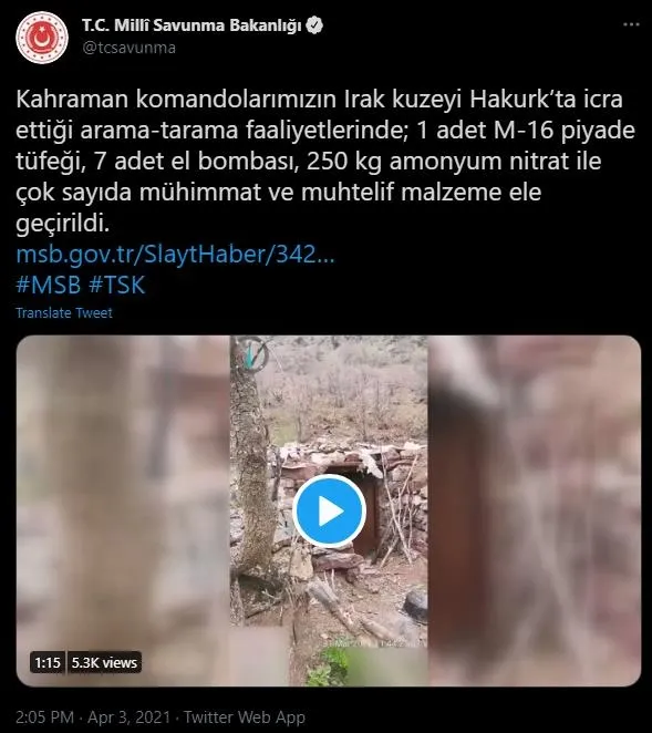 SON DAKİKA: MSB duyurdu: Irak kuzeyinde PKK'ya ait silah ve mühimmat ele geçirildi-1