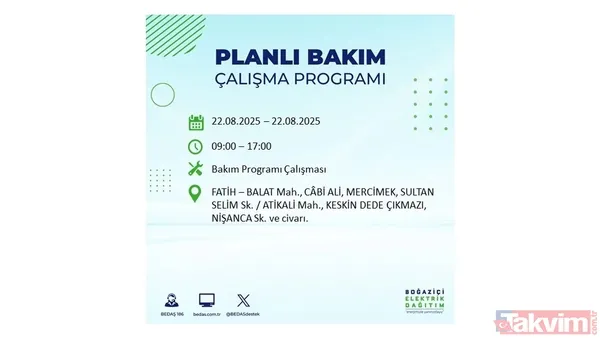İstanbul'da 19 ilçede elektrik kesintisi! BEDAŞ İLÇE İLÇE listeledi: 22 Ağustos Cuma günü 8 saat yok - 14