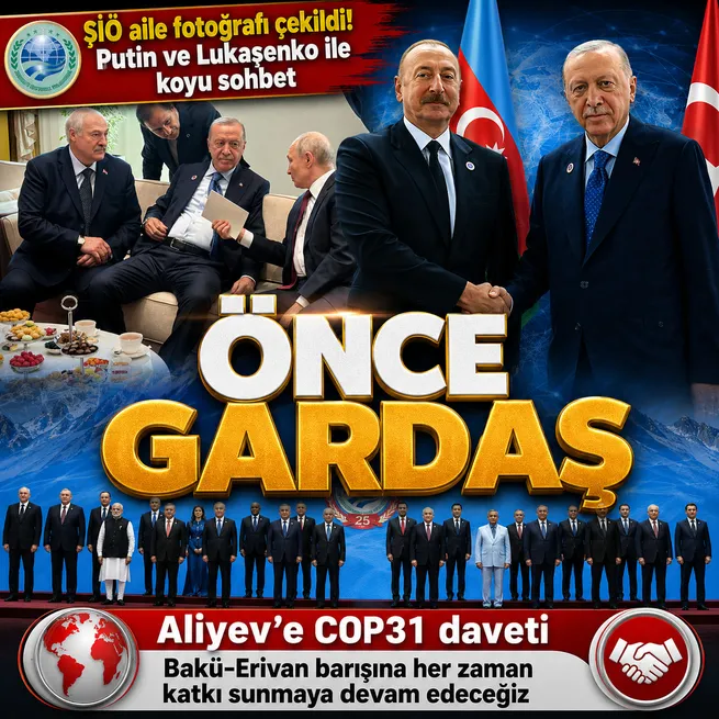 Başkan Erdoğan Şanghay İşbirliği Teşkilatı Zirvesi için Bişkekte: Aliyev ile bir araya geldi aile fotoğrafına katıldı